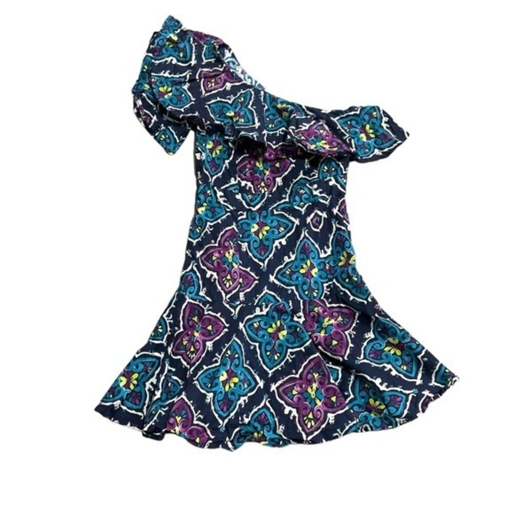 Josie Natori Festive Blue Ruffle Patterned One Shoulder Fitted Dress